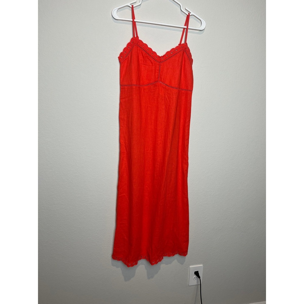 Old Navy Dress Womens S Red Linen Blend Eyelet Smocked Strappy Midi Sundress